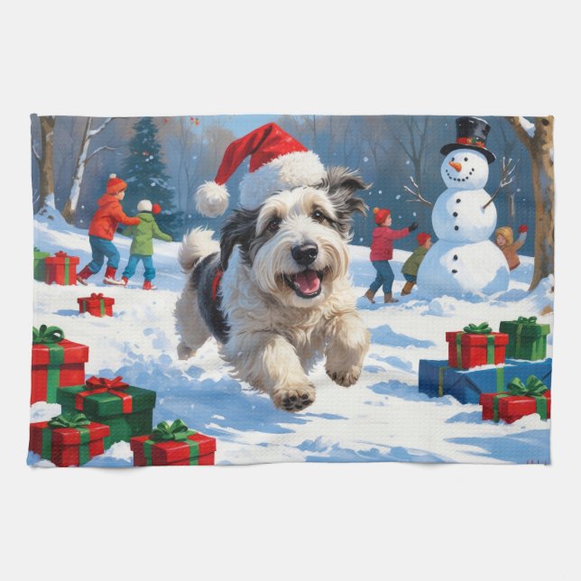Old English Sheepdog Running in Snow Christmas Hat Tea Towel (Horizontal)