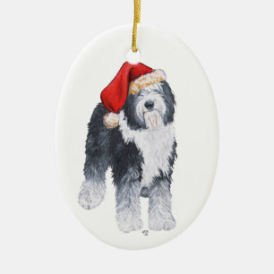 Old English Sheepdog Santa Hat Ceramic Ornament