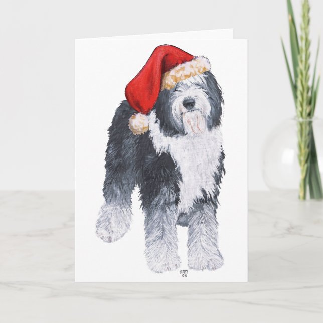 Old English Sheepdog Santa Hat Holiday Card (Front)