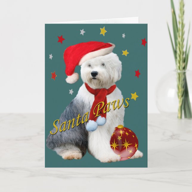 Old English Sheepdog Santa Paws Holiday Card (Front)