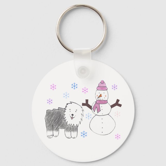 Old English Sheepdog & Snowman Key Ring (Front)