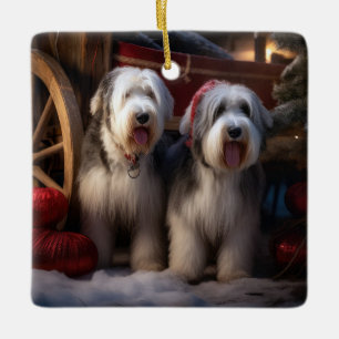 Old English Sheepdog Snowy Sleigh Christmas Decor Ceramic Ornament