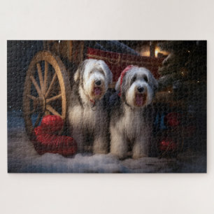 Old English Sheepdog Snowy Sleigh Christmas Decor  Jigsaw Puzzle