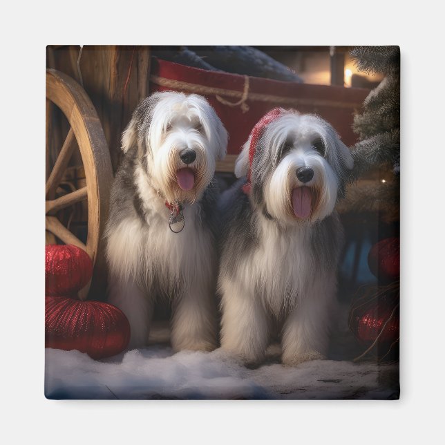 Old English Sheepdog Snowy Sleigh Christmas Decor  Magnet (Front)
