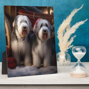 Old English Sheepdog Snowy Sleigh Christmas Decor Plaque