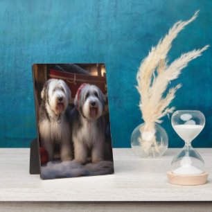Old English Sheepdog Snowy Sleigh Christmas Decor Plaque