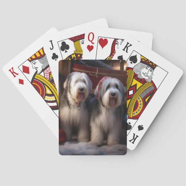 Old English Sheepdog Snowy Sleigh Christmas Decor  Playing Cards (Back)