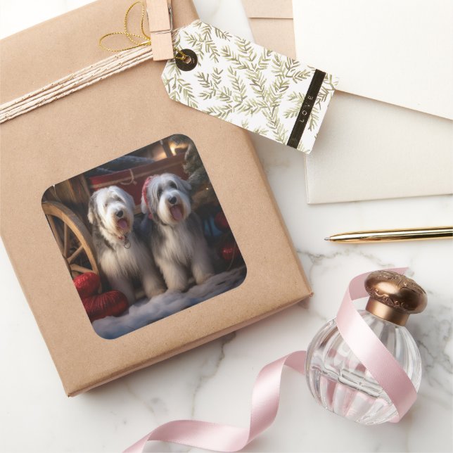 Old English Sheepdog Snowy Sleigh Christmas Decor  Square Sticker (Gifting)