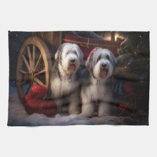 Old English Sheepdog Snowy Sleigh Christmas Decor Tea Towel