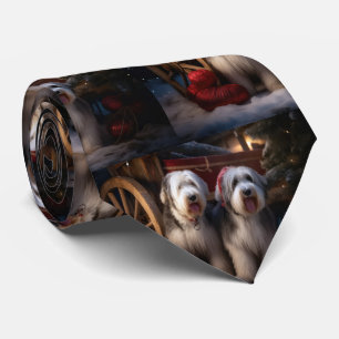 Old English Sheepdog Snowy Sleigh Christmas Decor Tie