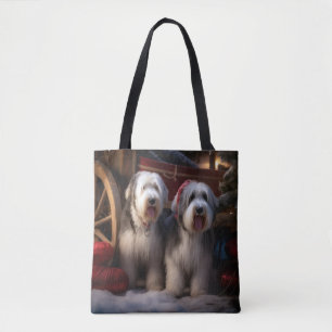 Old English Sheepdog Snowy Sleigh Christmas Decor Tote Bag