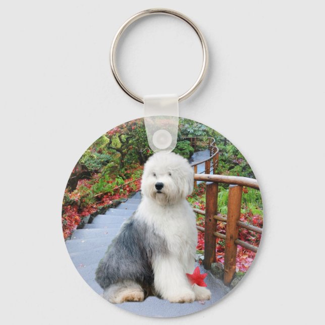 Old English Sheepdog Spring Day Key Ring (Front)