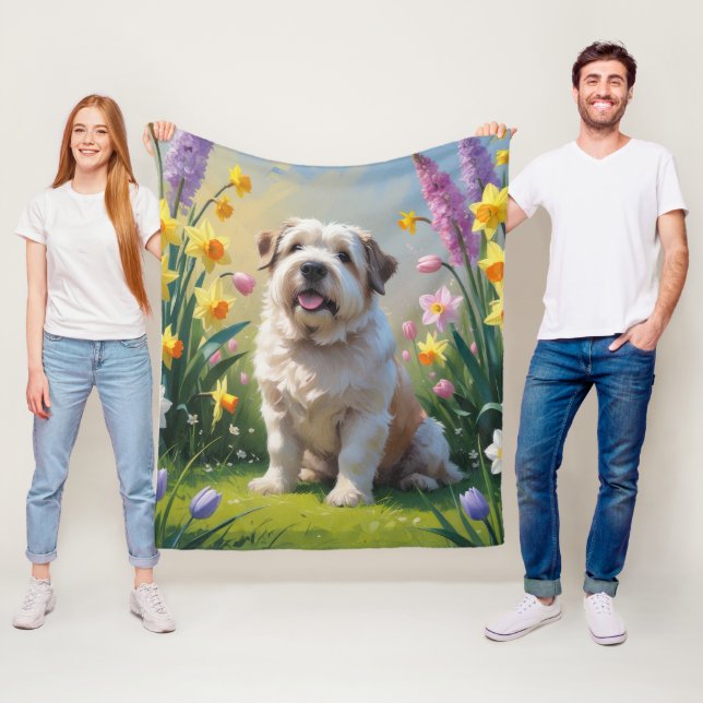 Old English Sheepdog Spring Flowers Painting Fleece Blanket (In Situ)
