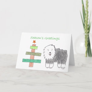 Old English Sheepdog Stick Tree Holiday Card