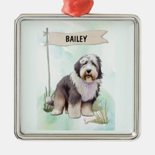Old English Sheepdog Watercolor Personalised Dog Metal Ornament