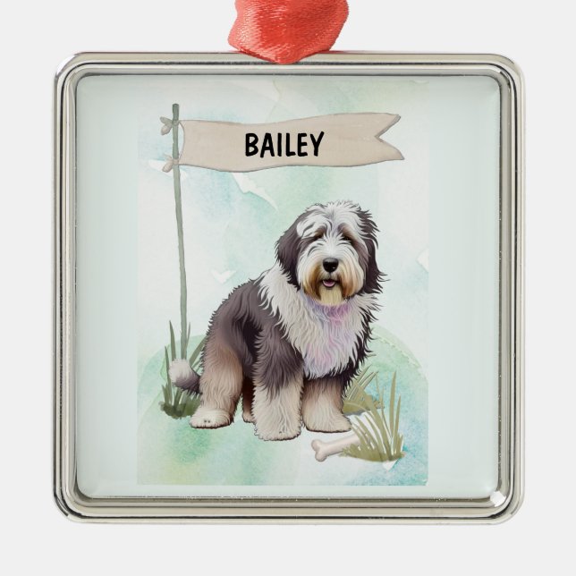Old English Sheepdog Watercolor Personalised Dog Metal Ornament (Front)