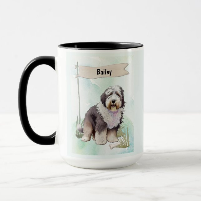 Old English Sheepdog Watercolor Personalised Dog Mug (Left)