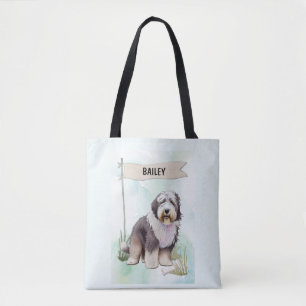 Old English Sheepdog Watercolor Personalised Dog Tote Bag