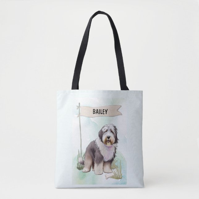 Old English Sheepdog Watercolor Personalised Dog Tote Bag (Front)