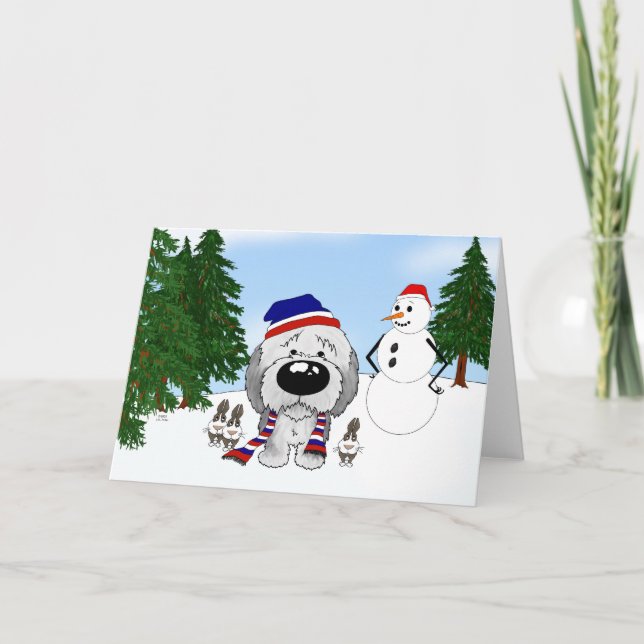 Old English Sheepdog Winter Scene Holiday Card (Front)
