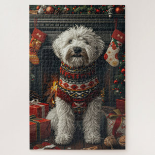 Old English Sheepdog With Christmas Gift Fireplace Jigsaw Puzzle