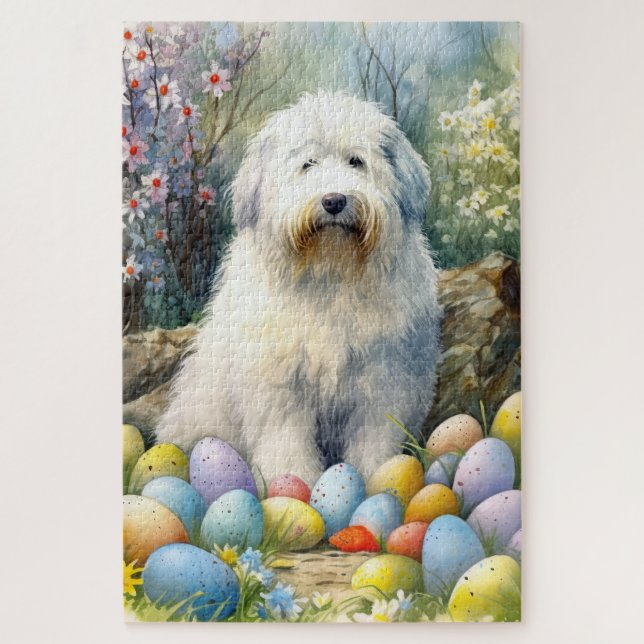 Old English Sheepdog with Easter Eggs Holiday Jigsaw Puzzle (Vertical)