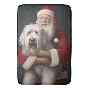 Old English Sheepdog With Santa Claus Festive Bath Mat