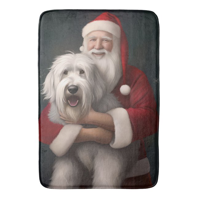 Old English Sheepdog With Santa Claus Festive Bath Mat (Front Vertical)