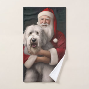 Old English Sheepdog With Santa Claus Festive Bath Towel Set