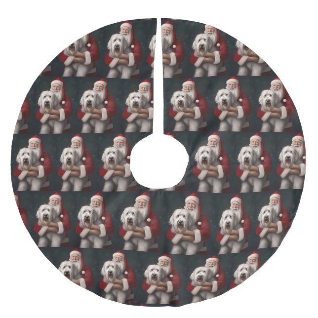 Old English Sheepdog With Santa Claus Festive Brushed Polyester Tree Skirt (Front)