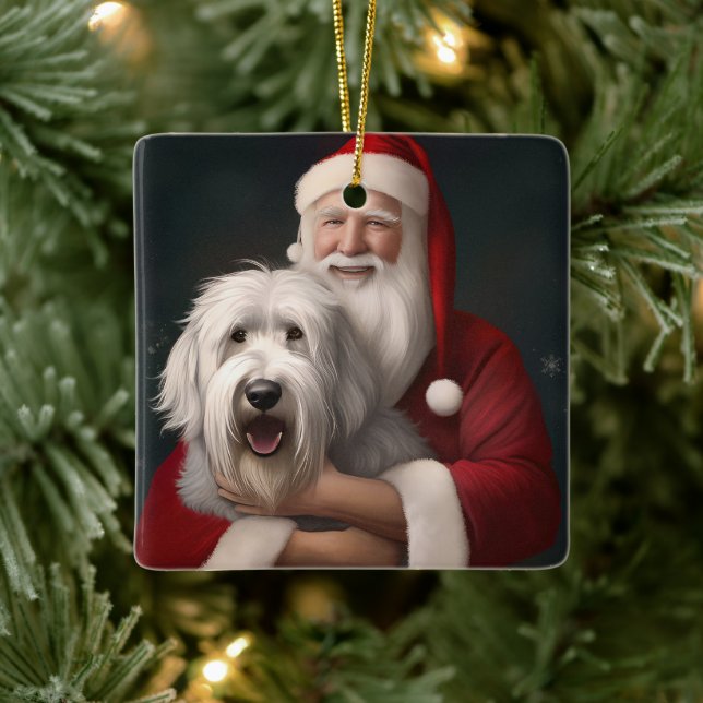 Old English Sheepdog With Santa Claus Festive Ceramic Ornament (Tree)