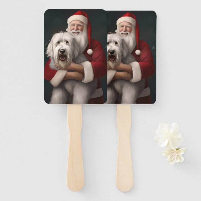 Old English Sheepdog With Santa Claus Festive Hand Fan (Front and Back)