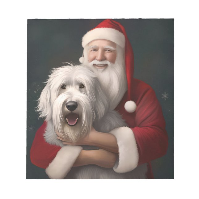 Old English Sheepdog With Santa Claus Festive Notepad (Front)