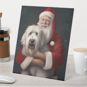 Old English Sheepdog With Santa Claus Festive Pedestal Sign