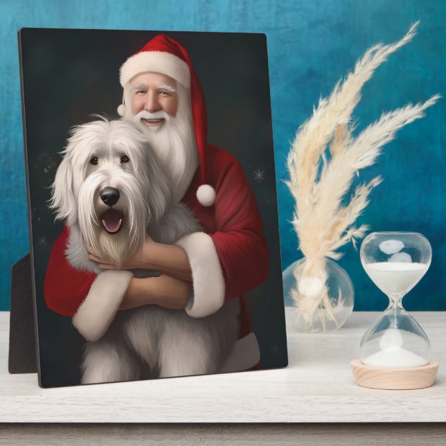 Old English Sheepdog With Santa Claus Festive Plaque (Side)