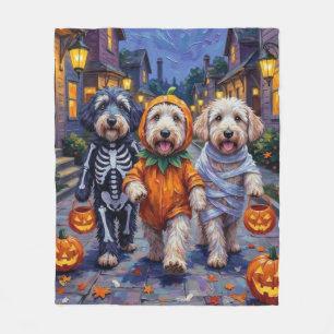 Old English Sheepdogs Trick-or-Treating Halloween  Fleece Blanket