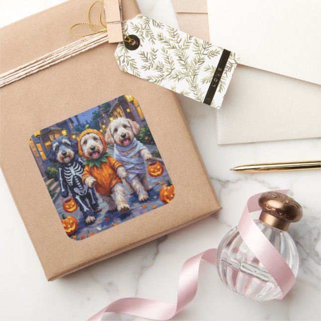 Old English Sheepdogs Trick-or-Treating Halloween  Square Sticker (Gifting)