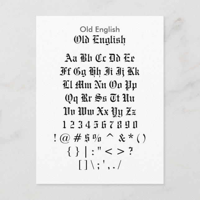 Old English - Zazzle Font Sampler Sheet Postcard (Front)