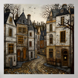 Old European Cobblestone Street Rustic Buildings Poster
