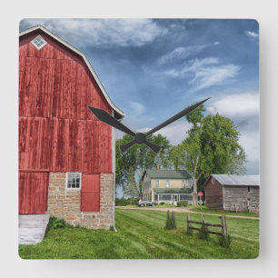 Old Farmhouse and Red Barn Photo Wall Clock