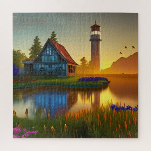 Old Farmhouse and Silo at Sunrise Jigsaw Puzzle