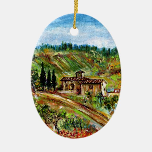 OLD FARMHOUSE IN TUSCANY LANDSCAPE CERAMIC TREE DECORATION (Front)