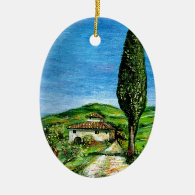 OLD FARMHOUSE IN TUSCANY LANDSCAPE CERAMIC TREE DECORATION (Front)