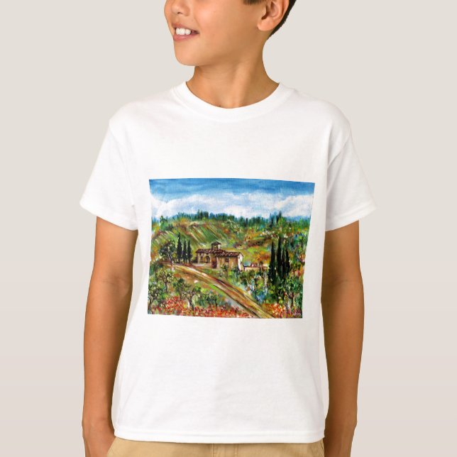 OLD FARMHOUSE,OLIVE TREES IN TUSCANY LANDSCAPE T-Shirt (Front)