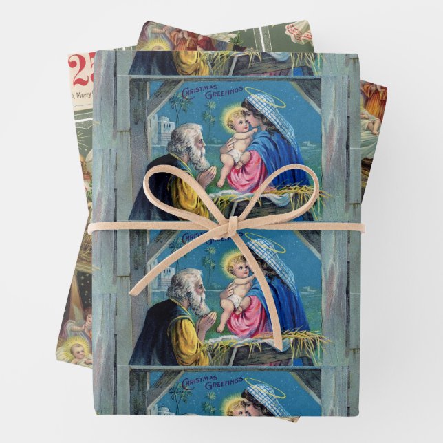 Old Fashion Christmas Postcards Nativity Angels 3 Wrapping Paper Sheet (In situ)