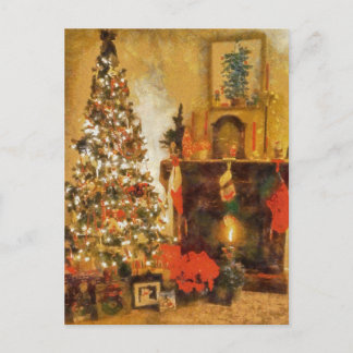 Old Fashion Christmas Tree And Fireplace Holiday Postcard