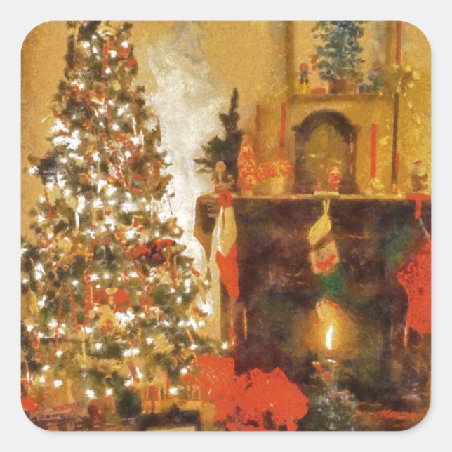 Old Fashion Christmas Tree And Fireplace Square Sticker (Front)
