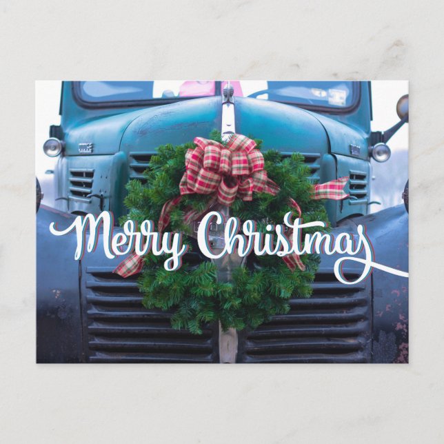 Old Fashion Christmas Truck Wreath  Holiday Postcard (Front)