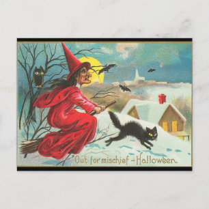 Old Fashion Halloween Witch, Flying, Black Kitty Postcard