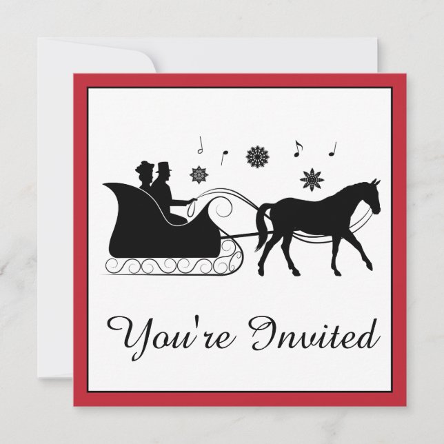 Old-Fashion Horse-Drawn Sleigh with Snowflakes Invitation (Front)